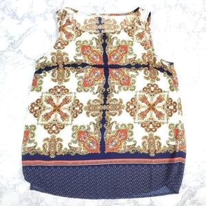41 Hawthorn Blouse Medium Blue Orange Tan Sleeveless Medallion Print‎